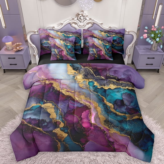 Homewish Marble Texture Road 7-Piece Twin Bedding Sets,Gold Glitter Print Bedding Comforter Set,Modern Fluid Art Sheet Sets For Men Women,Breathable Home Decor Reversible