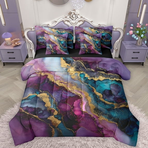 Homewish Marble Texture Road 7 Pieces Bedding Comforter Set,Gold Glitter Print Full Bedding Set,Modern Fluid Art Fitted Sheet Flat Sheet For Men Women,Breathable Home Decor Reversible