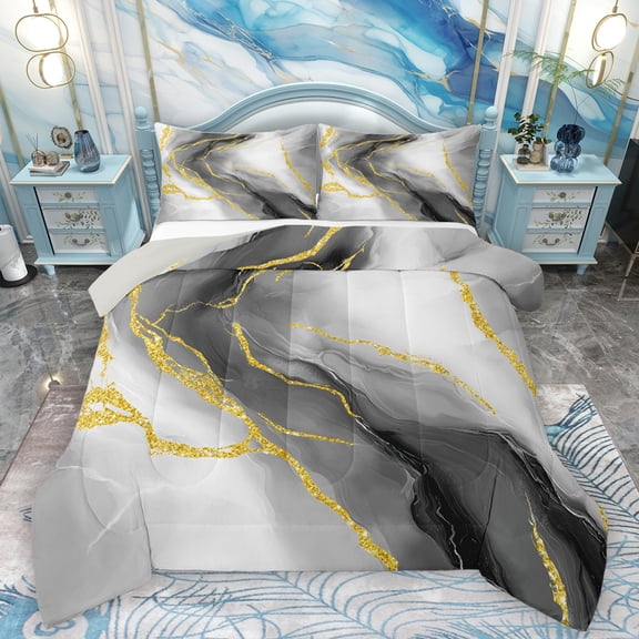 Homewish Marble Texture Road Bedding Comforter Set,Gold Gray Twin Comforter Sets,Modern Fluid Art Bedding Set For Girl,Microfiber Room Decoration Reversible,2-Piece
