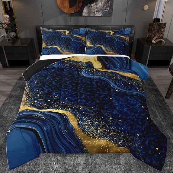 Homewish Marble Texture Road Queen Comforter Set,Chic Glitter Print Bedding Sets,Gold Blue Bedding Comforter Set For Girls Kids,Super Cozy Room Decor Reversible,3 Pieces