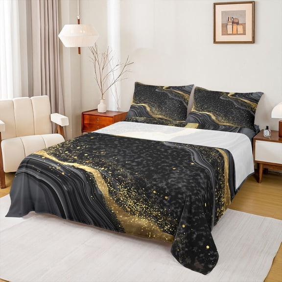 Homewish Marble Texture Road Twin Sheet Sets,Chic Glitter Print Twin Fitted Sheet,Gold Black Flat Sheet For Girls Kids,Super Cozy Room Decor,3 Pieces