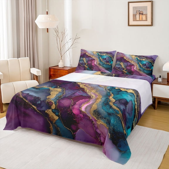 Homewish Marble Texture Road Twin Sheet Sets,Gold Glitter Print Twin Fitted Sheet,Modern Fluid Art Flat Sheet For Men Women,Breathable Home Decor,3 Pieces