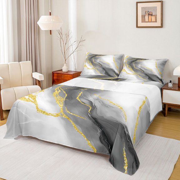 Homewish Marble Texture Road Twin Sheet Sets,Gold Gray Twin Fitted Sheet,Modern Fluid Art Flat Sheet For Girl,Microfiber Room Decoration,3-Piece