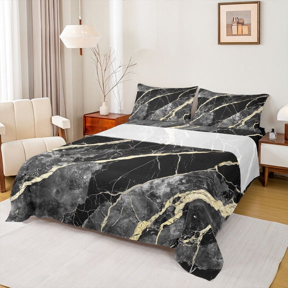 Homewish Marble Texture Road Twin Sheet Sets,Modern Fluid Art Twin Fitted Sheet,Gold Gray Black Flat Sheet For Girl,Microfiber Room Decoration,3 Pieces