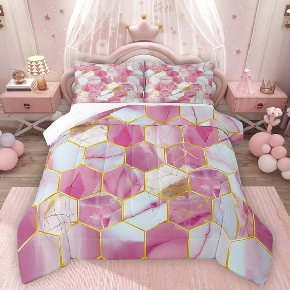 Homewish Marbling Honeycomb Bedding Comforter Set 2pcs for Kids Children Teens,Pink Golden Twin Comforter Sets Microfiber,Geometric Hexagon Breathable Bedding Set,Super Cozy Room Decor