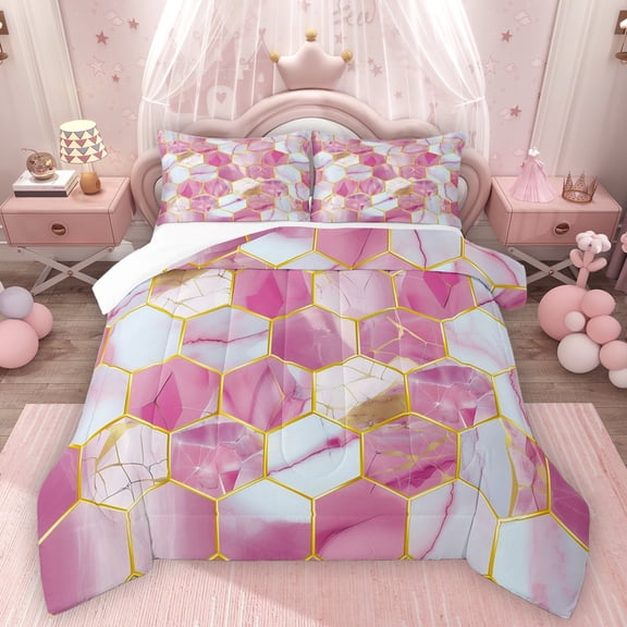 Homewish Marbling Honeycomb Bedding Comforter Set 2pcs for Kids Children Teens,Pink Golden Twin Comforter Sets Microfiber,Geometric Hexagon Breathable Bedding Set,Super Cozy Room Decor