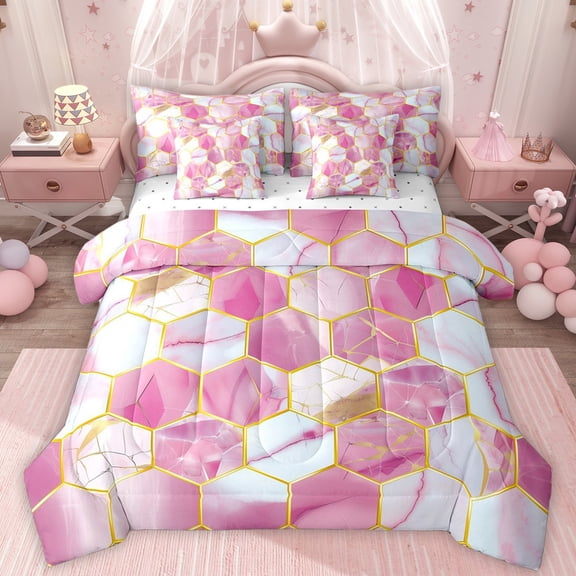 Homewish Marbling Honeycomb Twin Bedding Sets 7-Piece for Kids Children Teens,Pink Golden Bedding Comforter Set Microfiber,Geometric Hexagon Breathable Sheet Sets,Super Cozy Room Decor,Reversible