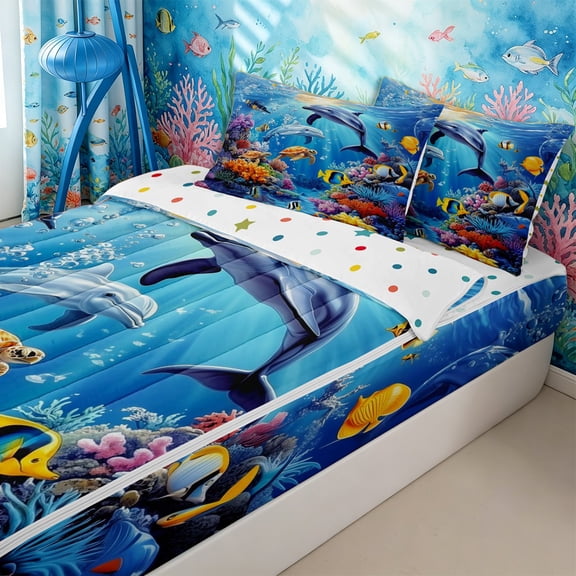 Homewish Marine Animal Dolphins Turtles Zipper Twin Comforter Sets with Fitted Sheet and 2 Pillowcases for Boys Girls,Sea Wildlife Zipper Bedding Set,4-Piece