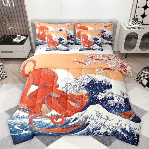 Homewish Marine Octopus Teens Bedding Comforter Set 7pcs, Tokyo Ocean Waves Queen Bedding Sets, Cartoon Japanese Style Reversible Queen Sheet Sets, Microfiber Bedroom Decor