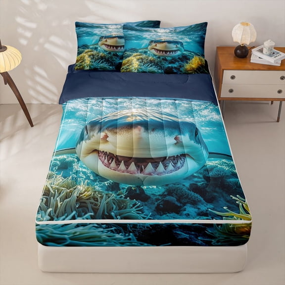 Homewish Marine Sharks Kids Zipper Twin Comforter Sets with Fitted Sheet and 2 Pillowcases, Ocean Wildlife Zipper Bedding Set, Navy Reversible, 4pcs