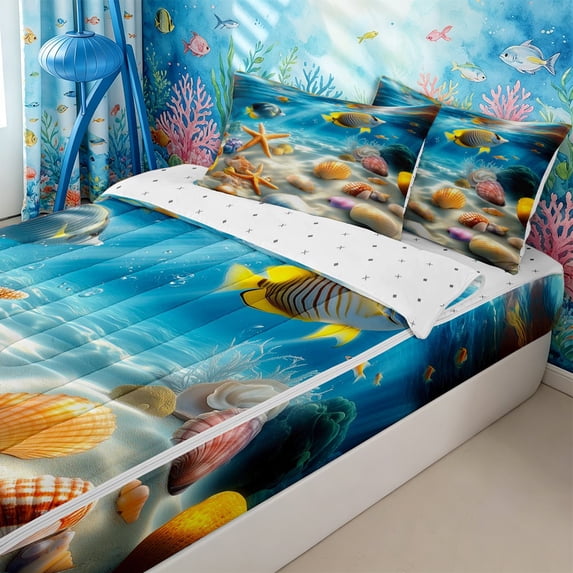 Homewish Marine Starfish Shell Zipper Twin Comforter Sets with Fitted Sheet and 2 Pillowcases for Teens,Boys Girls Blue Underwater World Zipper Bedding Set,4-Piece
