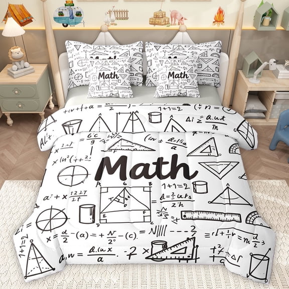 Homewish Math Geometry 7-Piece Bedding Comforter Set,Modern Mathematics King Bedding Sets,White Black Bed Sheets For Boys Kids,Super Cozy Room Decor Reversible