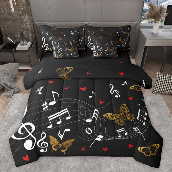 Homewish Melody Musical Note Bedding Comforter Set 7pcs, Cartoon Gold Butterfly King Bedding Sets, Hip Hop Pop Music Reversible Bed Sheets, Microfiber Bedroom Decor