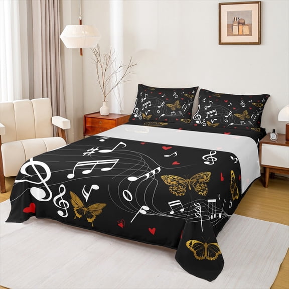 Homewish Melody Musical Note Full Size Sheets, Cartoon Gold Butterfly Bed Sheets, Hip Hop Pop Music Sheet Sets, Microfiber Bedroom Decor, 4-Piece