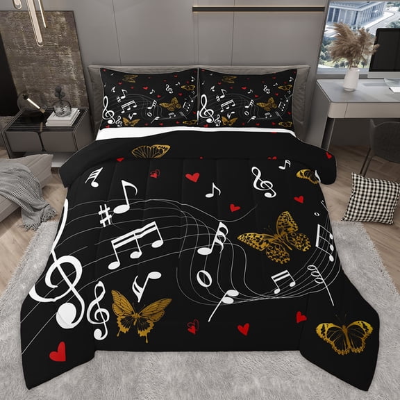 Homewish Melody Musical Note Queen Comforter Set, Cartoon Gold Butterfly Bedding Sets, Hip Hop Pop Music Reversible Bedding Comforter Set, Microfiber Bedroom Decor, 3-Piece