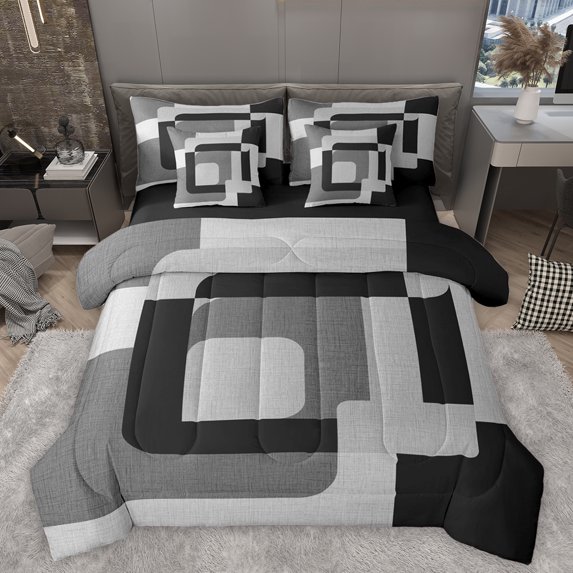 Homewish Meodern Geometric 7-Piece Twin Bedding Sets,Square Pattern Bedding Comforter Set,Gray Black Sheet Sets For Men Women,Luxury Bedroom Decor Reversible