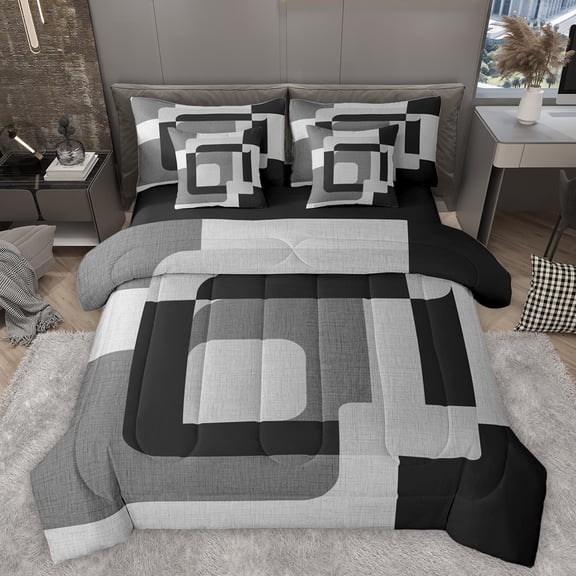 Homewish Meodern Geometric 7 Pieces Bedding Comforter Set,Square Pattern Full Bedding Set,Gray Black Fitted Sheet Flat Sheet For Men Women,Luxury Bedroom Decor Reversible