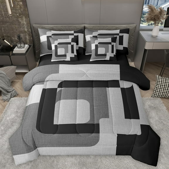 Homewish Meodern Geometric 7pcs Bedding Comforter Set,Square Pattern Queen Bedding Sets,Gray Black Queen Sheet Sets For Men Women,Luxury Bedroom Decor Reversible