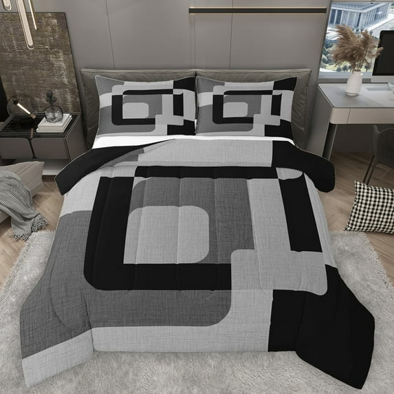 Homewish Meodern Geometric Bedding Comforter Set,Square Pattern Twin Comforter Sets,Gray Black Bedding Set For Men Women,Luxury Bedroom Decor Reversible,2pcs