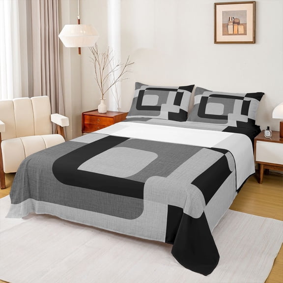Homewish Meodern Geometric Twin Sheet Sets,Square Pattern Twin Fitted Sheet,Gray Black Flat Sheet For Men Women,Luxury Bedroom Decor,3pcs
