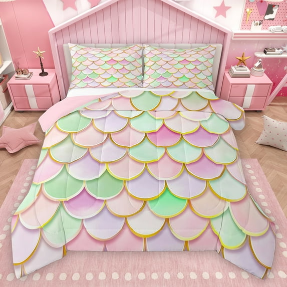 Homewish Mermaid Fishtail Bedding Comforter Set,Cartoon Sea Animal Twin Comforter Sets,Pink Green Bedding Set For Girls Teens,Ultra Soft Home Decor Reversible,2-Piece