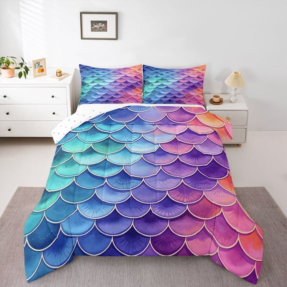 Homewish Mermaid Scale Queen Comforter Set For Kids Girls,Ocean Animal Comforter Sets Queen,Reversible,3pcs,1 Comforter and 2 Pillowcases
