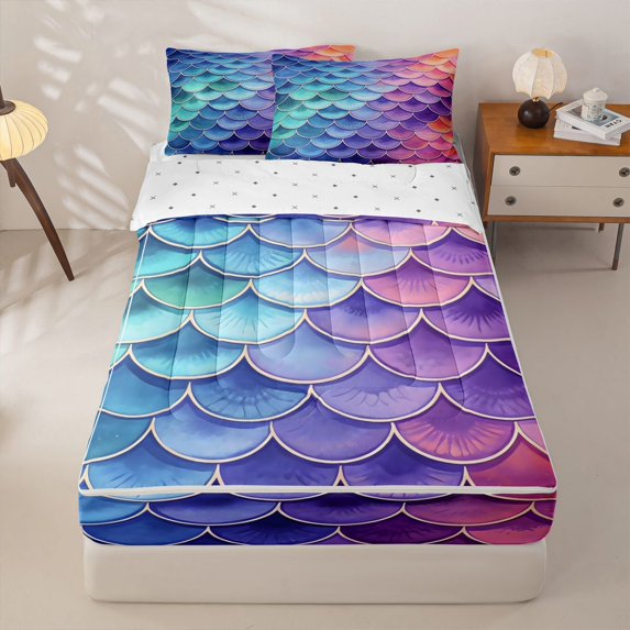 Homewish Mermaid Scale Zipper Twin Comforter Sets with Fitted Sheet and 2 Pillowcases For Kids Girls,Ocean Animal Zipper Bedding Set,Reversible,4pcs