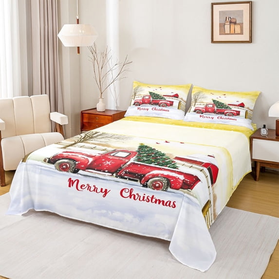 Homewish Merry Christmas Bed Sheets,Green Xmas Tree King Sheets,Red Farmhouse Truck Sheet Set For Gitls Kids,Microfiber Bedroom Decor,4-Piece