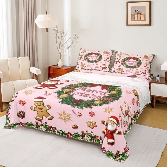 Homewish Merry Christmas Bed Sheets,Kawaii Santa Claus King Sheets,Red Berry Xmas Flower Sheet Set For Girl Kids,Breathable Home Decor,4pcs