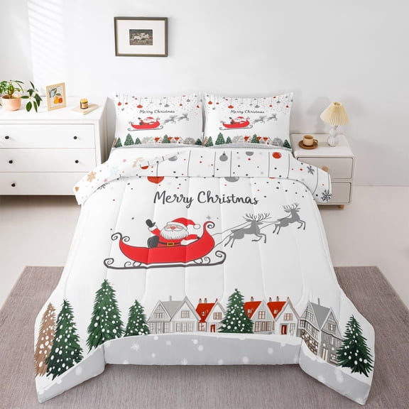 Homewish Merry Christmas Bedding Comforter Set,Cartoon Santa Claus Twin Comforter Sets,Wild Xma Reindeer Bedding Set For Girl,Luxury Bedroom Decor Reversible,2pcs