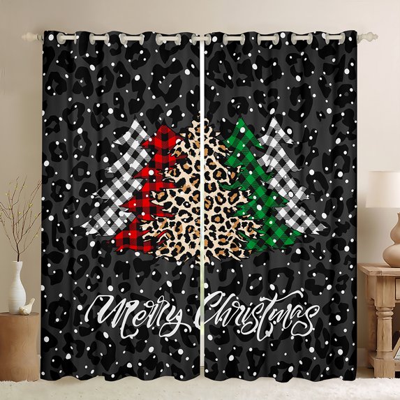 Homewish Merry Christmas Black Out Curtains,Cheetah Pattern Curtains Pack of 2 (42x63 Each),Colorful Xmas Tree Bedroom Curtains For Boys Kids,Microfiber Bedroom Decor
