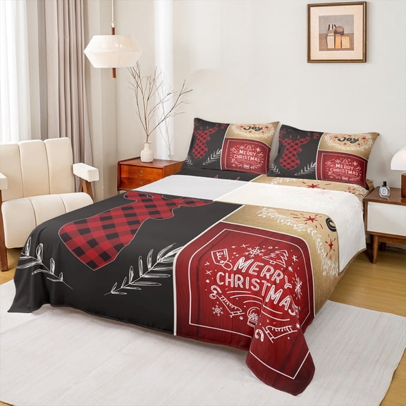 Homewish Merry Christmas Bed Sheets, Jungle Reindeer Moose King Sheets, Retro Western Patchwork Sheet Set, 4 Pieces