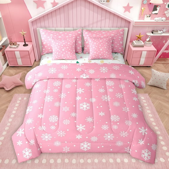 Homewish Merry Christmas Child Bedding Comforter Set 7 Pieces, Pink Kawaii Snowflake Full Bedding Set, Fairy Tale Theme Reversible Fitted Sheet Flat Sheet, Microfiber Bedroom Decor