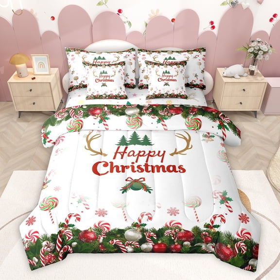 Homewish Merry Christmas Child Bedding Comforter Set 7pcs, Magical Reindeer Elk King Bedding Sets, Festival Xmas Ball Candy Reversible Bed Sheets, Super Cozy Room Decor