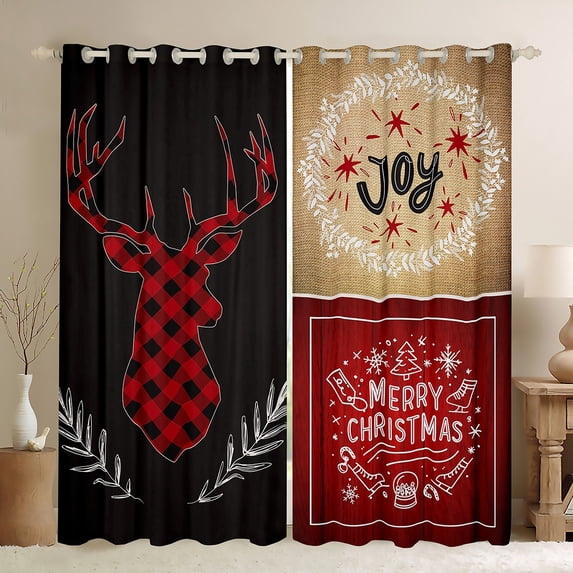 Homewish Merry Christmas Child Blackout Curtains Set of 2 (52x84 Each), Jungle Reindeer Moose Window Curtains, Retro Western Patchwork Curtains and Drapes, Living Room Curtains Decor