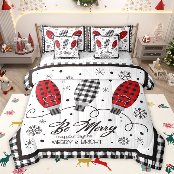 Homewish Merry Christmas Child Twin Bedding Sets 7-Piece, Kawaii Xmas Snowflake Bedding Comforter Set, Square Checkered Plaid Sheet Sets, Luxury Bedroom Decor