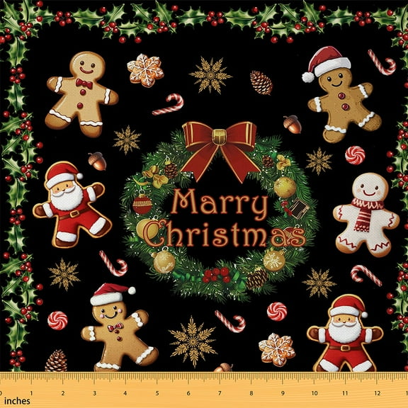 Homewish Merry Christmas Fabric by the Yard 1 Yard,Gingerbread Man Santa Claus Home Decor Fabric by the Yard,Xmas Flower Candy Cane Sewing Fabric For Girls,Luxury Bedroom Decor