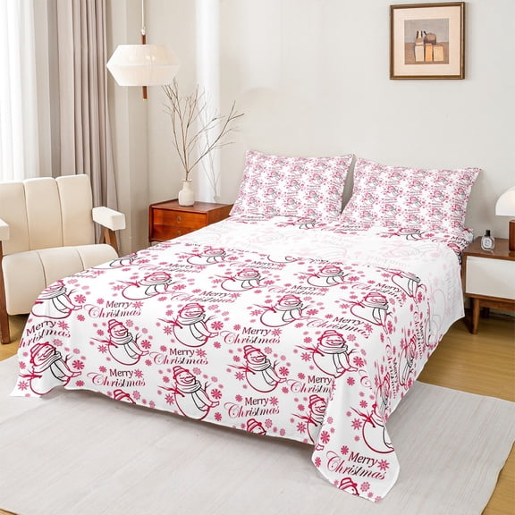 Homewish Merry Christmas Full Size Sheets 4-Piece for Female Men Teens,Cartoon Snowman Snowflake Breathable Bed Sheets,Xmas Festival Lightweight Sheet Sets,Super Cozy Room Decor