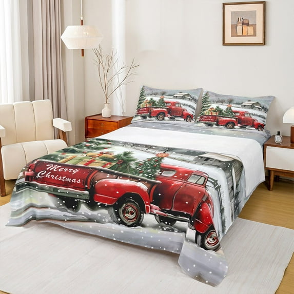 Homewish Merry Christmas Full Size Sheets,Chic Xmas Gifts Bed Sheets,Tropical Botanical Pine Sheet Sets For Boys Kids,Microfiber Bedroom Decor,4-Piece
