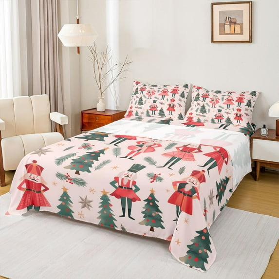 Homewish Merry Christmas Full Size Sheets,Red Nutcracker Soldier Bed Sheets,Cartoon Xmas Tree Sheet Sets For Child,Breathable Home Decor,4pcs