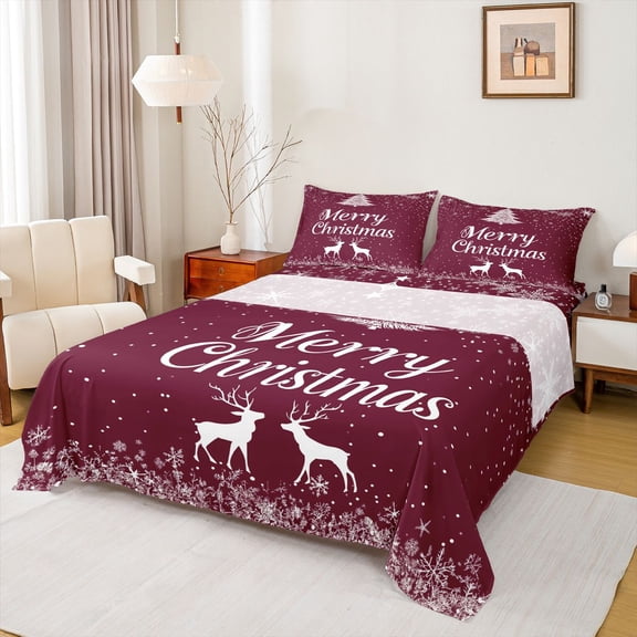 Homewish Merry Christmas Kid Twin Sheet Sets, Dreamy Reindeer Moose Twin Fitted Sheet, Fashion Winter Snowflake Flat Sheet, Microfiber Bedroom Decor, 3pcs