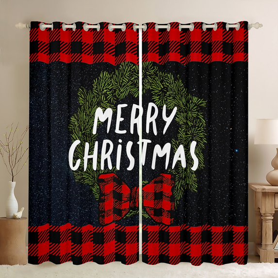 Homewish Merry Christmas Kids Black Out Curtains, Black Red Buffalo Plaid Curtains Pack of 2 (42x63 Each), Dreamy Starry Sky Bedroom Curtains, Curtains and Drapes Bedroom Decor