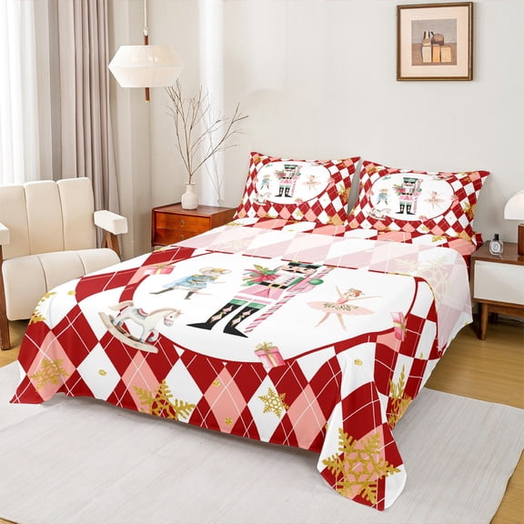 Homewish Merry Christmas Kids Queen Sheet Sets, Vintage Red Sqaure Abstract Flat Sheet, Nutcracker Mouse Guard Queen Fitted Sheet, Breathable Home Decor, 4pcs