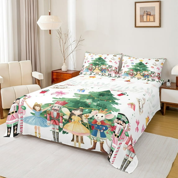 Homewish Merry Christmas Queen Sheet Sets,Cartoon Nutcracker Princess Flat Sheet,Cute Bowtie Green Xmas Tree Queen Fitted Sheet For Girls Kids,Breathable Home Decor,4 Pieces