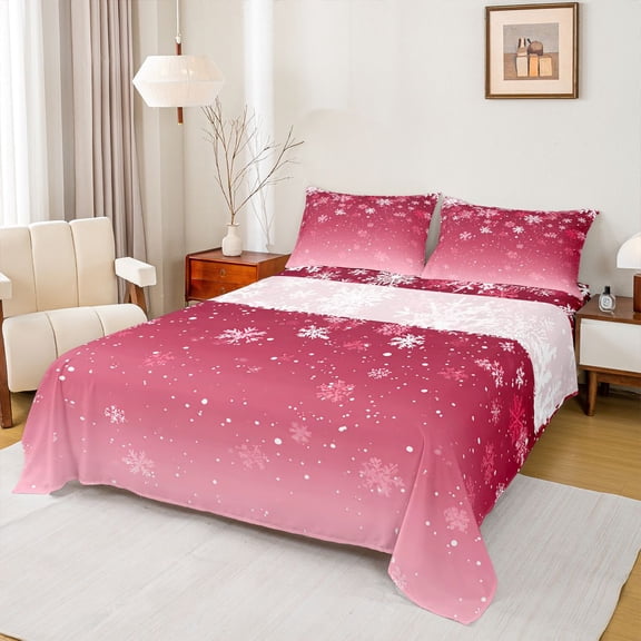 Homewish Merry Christmas Teens Full Size Sheets, Red Winter Snowflake Bed Sheets, Romantic Festival Sheet Sets, Lightweight Room Decor, 4pcs