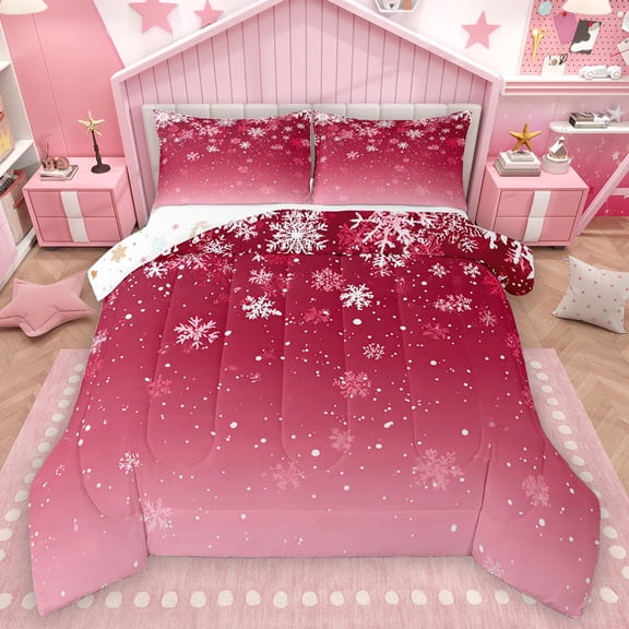 Homewish Merry Christmas Teens Queen Comforter Set, Red Winter Snowflake Bedding Sets, Romantic Festival Reversible Bedding Comforter Set, Lightweight Room Decor, 3pcs