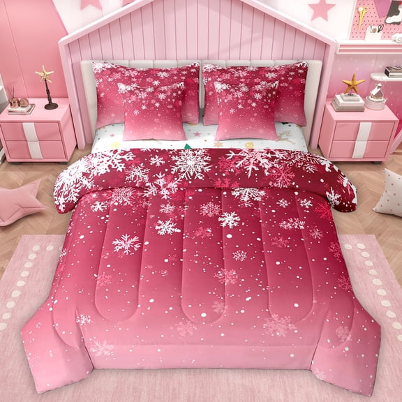 Homewish Merry Christmas Teens Twin Bedding Sets 7-Piece, Red Winter Snowflake Bedding Comforter Set, Romantic Festival Reversible Sheet Sets, Lightweight Room Decor