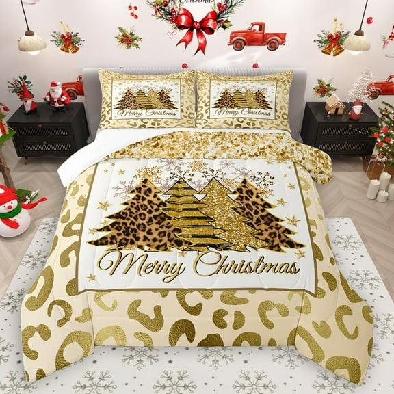 Homewish Merry Christmas Tree 2pcs Bedding Comforter Set for Teens Boys Girls,Leopard Print Twin Comforter Sets,Bling Golden Glitter Breathable Bedding Set,Lightweight Room Decor