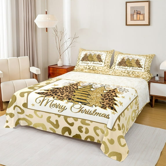 Homewish Merry Christmas Tree 3pcs Twin Sheet Sets for Teens Boys Girls,Leopard Print Twin Fitted Sheet,Bling Golden Glitter Breathable Flat Sheet,Lightweight Room Decor