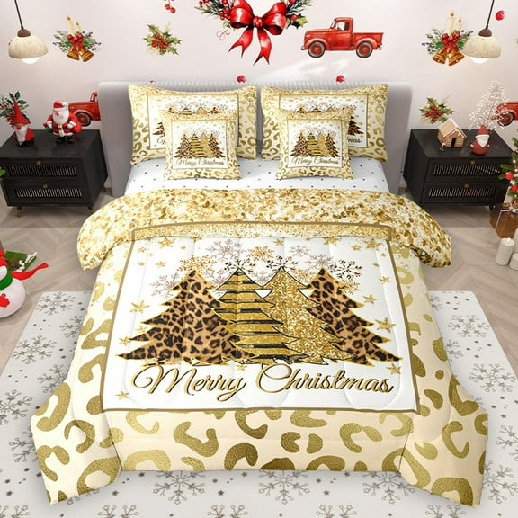 Homewish Merry Christmas Tree 7-Piece Twin Bedding Sets for Teens Boys Girls,Leopard Print Bedding Comforter Set,Bling Golden Glitter Breathable Sheet Sets,Lightweight Room Decor,Reversible